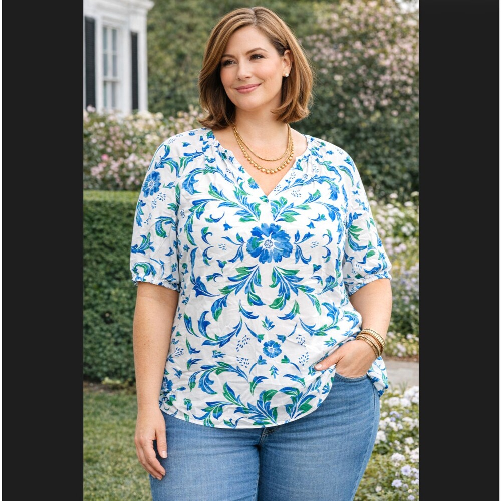 Talbots Floral Scroll Top 3X Blue White Split Neck Elbow Sleeve Boho Cottage NWT
